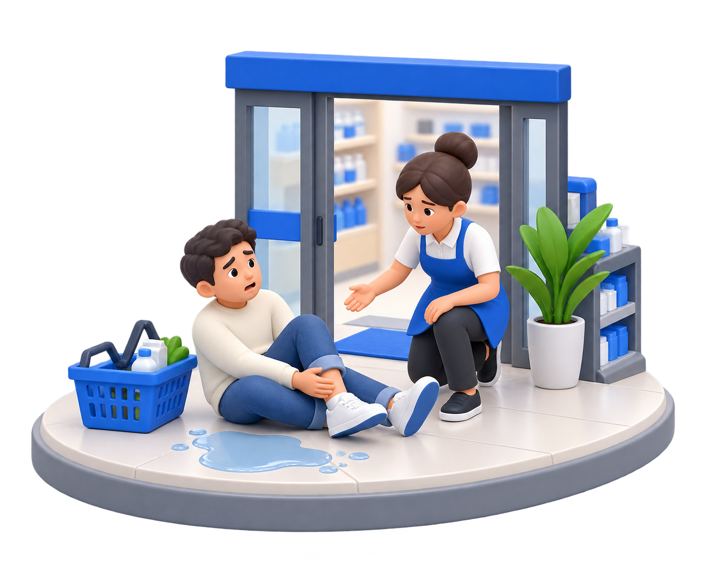 A shop employee assisting a customer after a slip