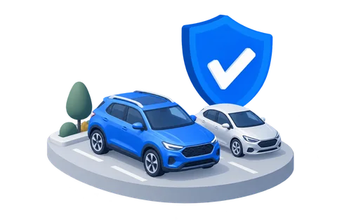 Illustration of blue and silver cars beside a blue protection shield