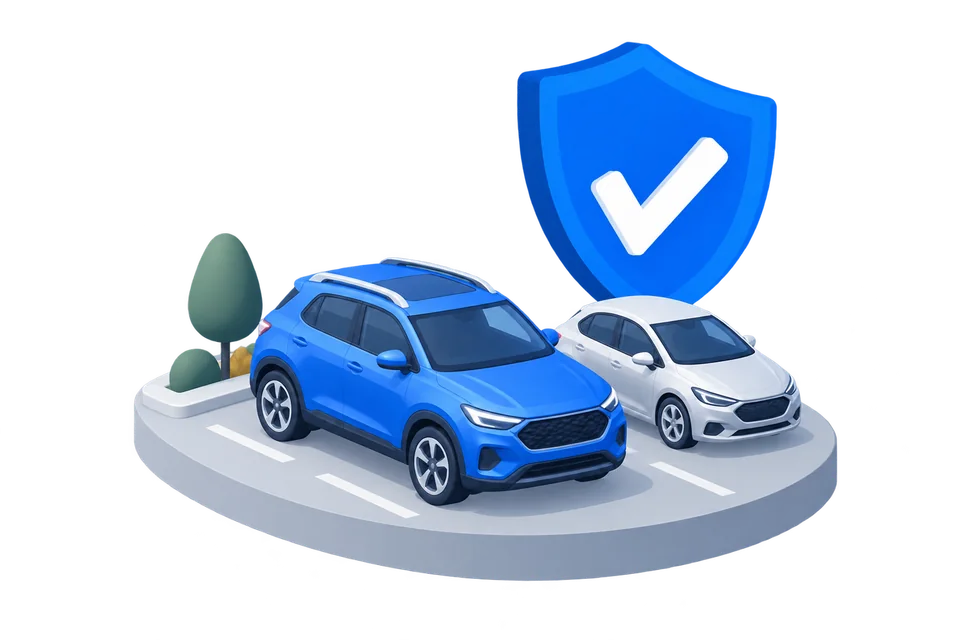 Illustration of blue and silver cars beside a blue protection shield
