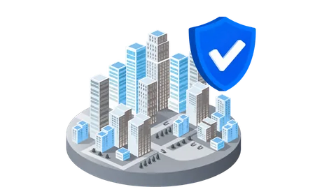Illustration of commercial buildings beside a blue protection shield