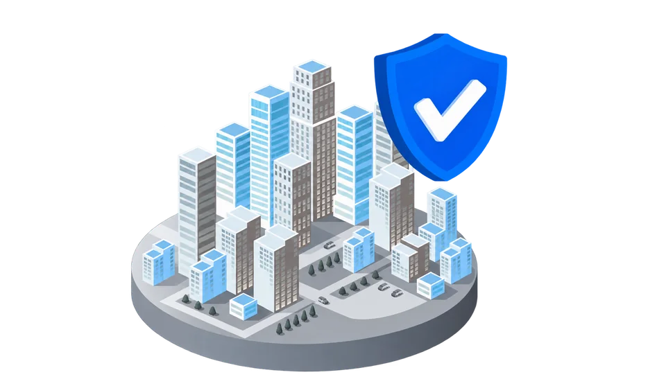 Illustration of commercial buildings beside a blue protection shield