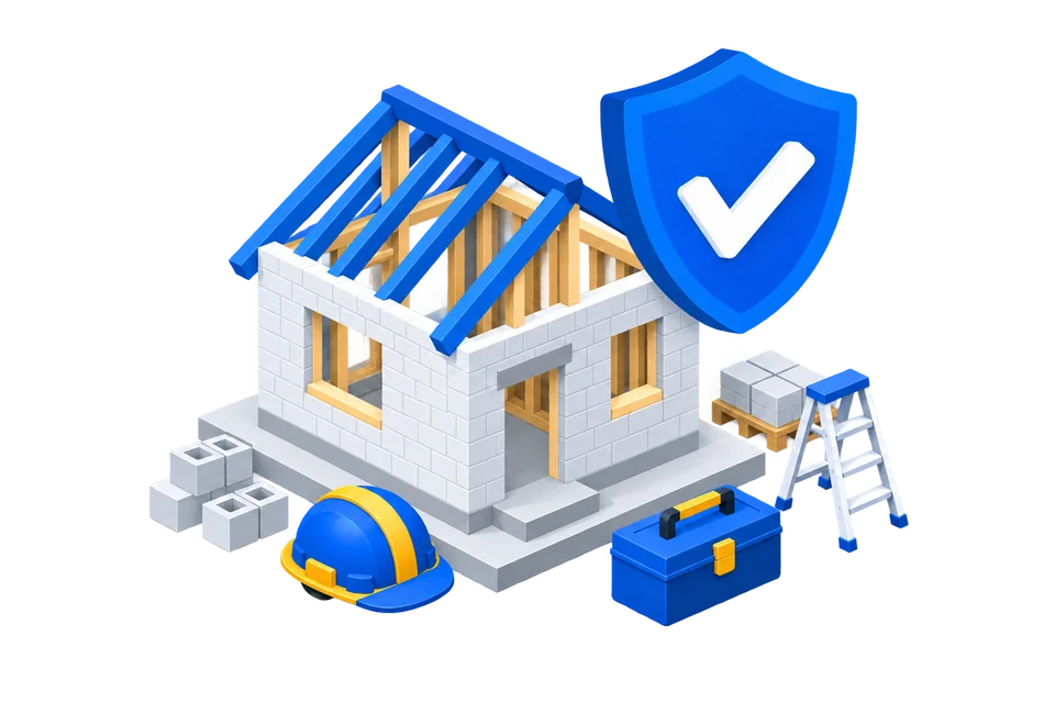 Illustration of a building project, hard hat, tools and a blue protection shield