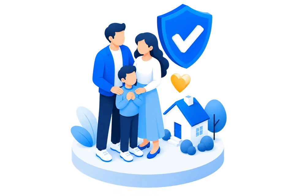 Illustration of a family, a home, a heart and a blue protection shield