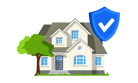 Illustration of a house and tree beside a blue protection shield