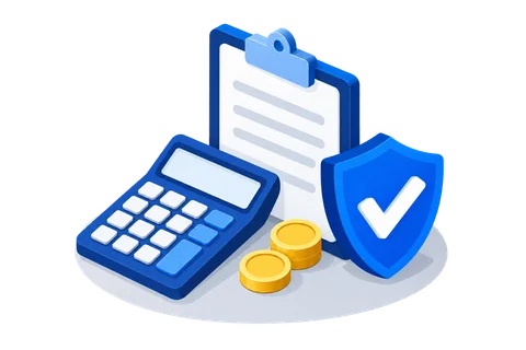 Illustration of a calculator, checklist, coins and a blue protection shield