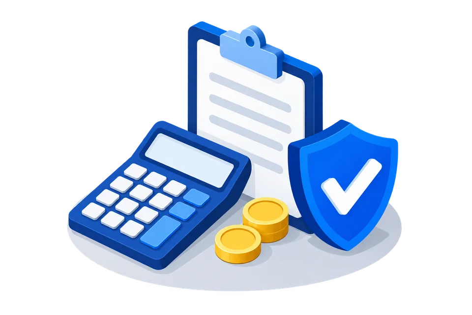 Illustration of a calculator, checklist, coins and a blue protection shield
