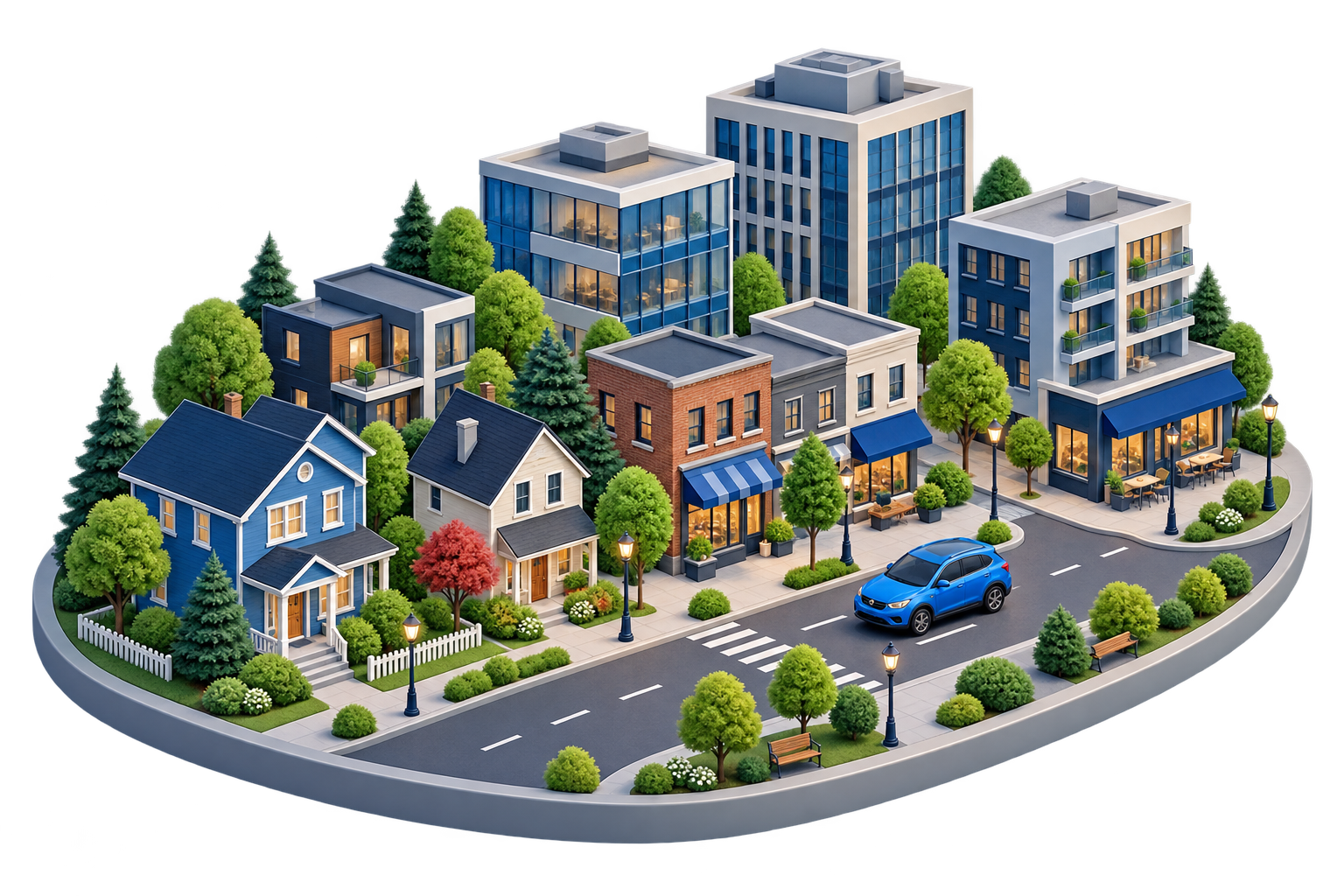 Stylized Canadian neighbourhood with homes, shops and offices